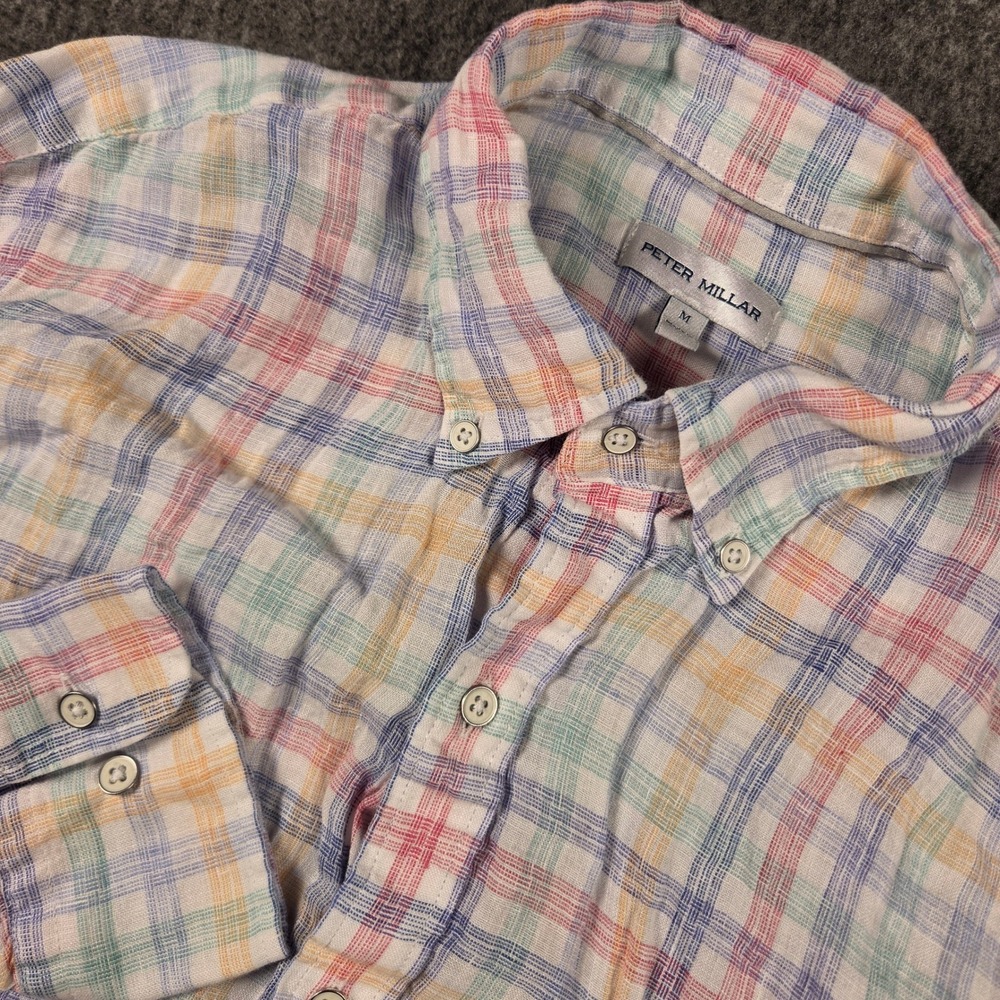 Peter Millar Linen Shirt Mens Medium Button Down Plaid Seaside 100% Linen